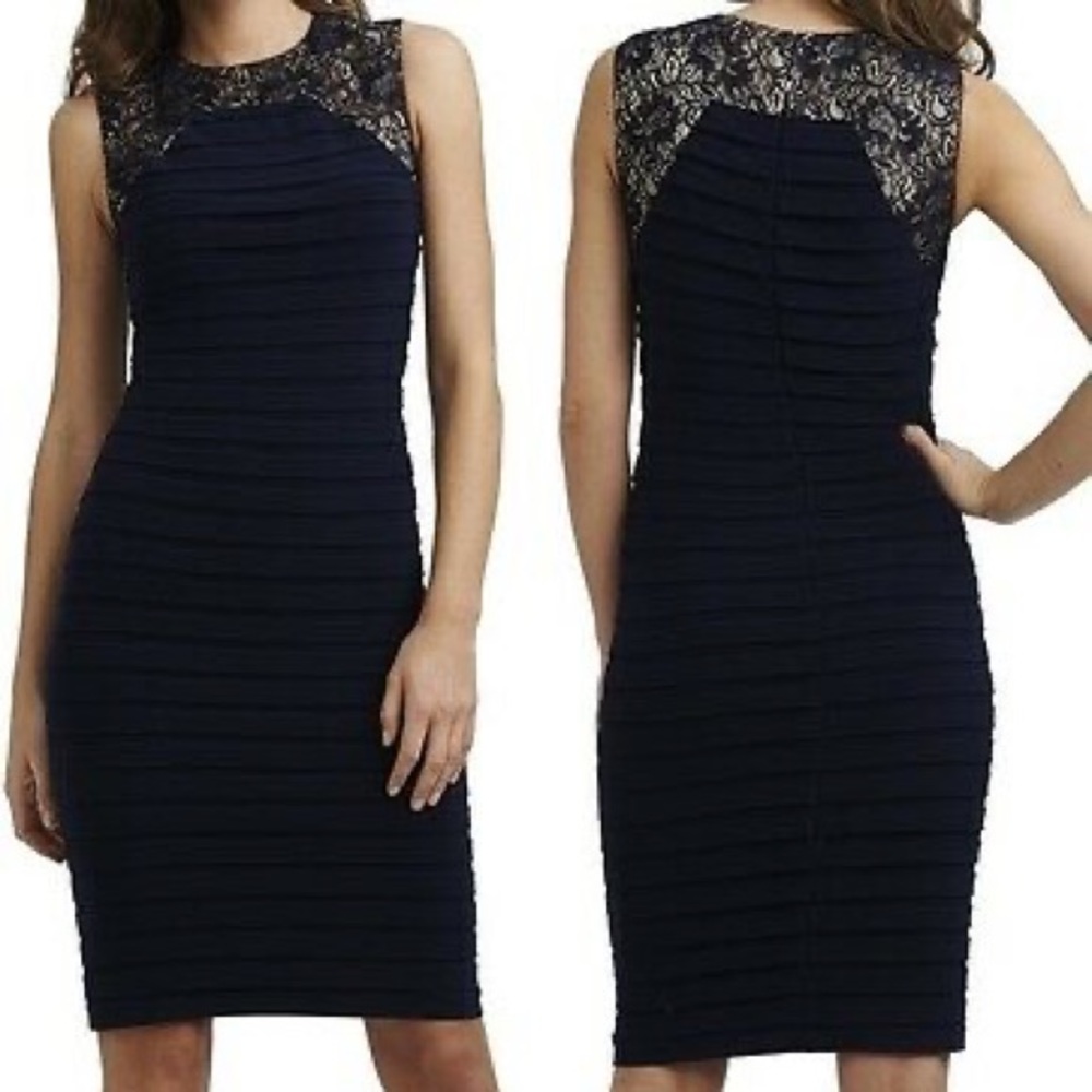 Adrianna Papell Navy Sleeveless Lace Frame Bandage Cocktail Dress,Perfect!